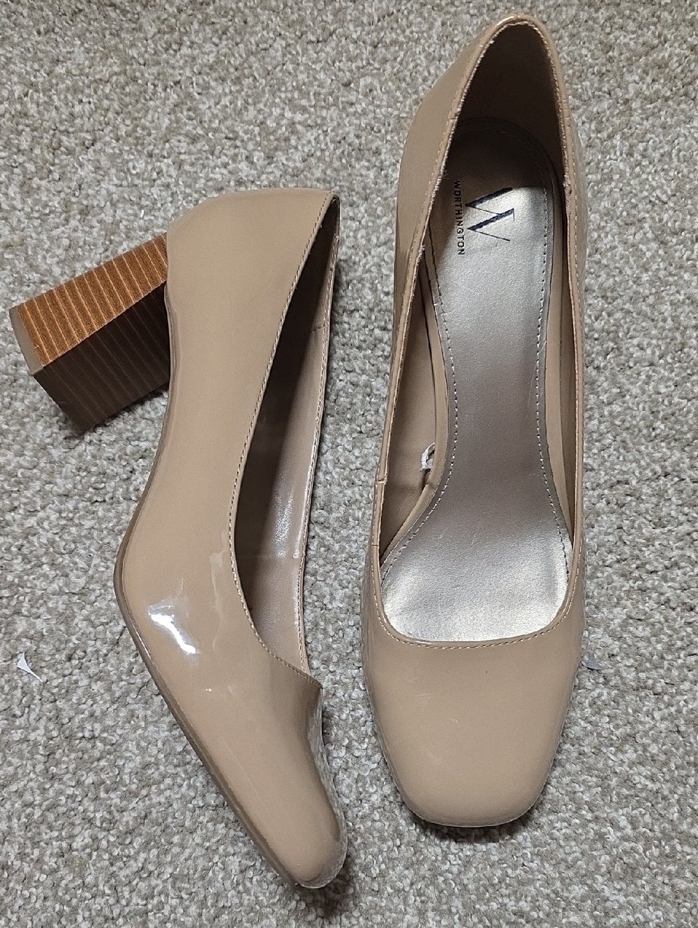 Worthington Beige Patent Block Heel Pumps